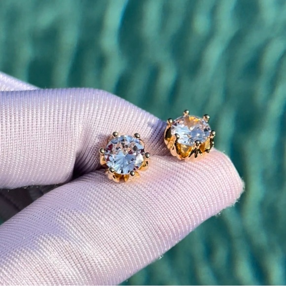 18k Yellow Gold Plated Cubic Zirconia Stud Earrings Stone Color is White - Picture 8 of 14